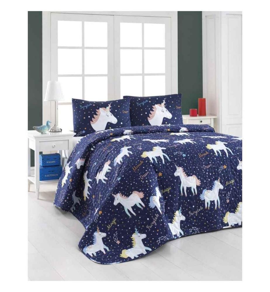 Ensemble de couvre-lits matelassé King, Dark Blue White Yellow, 65% Coton - 35% Polyester, Cover, -, Fiber, Filling,