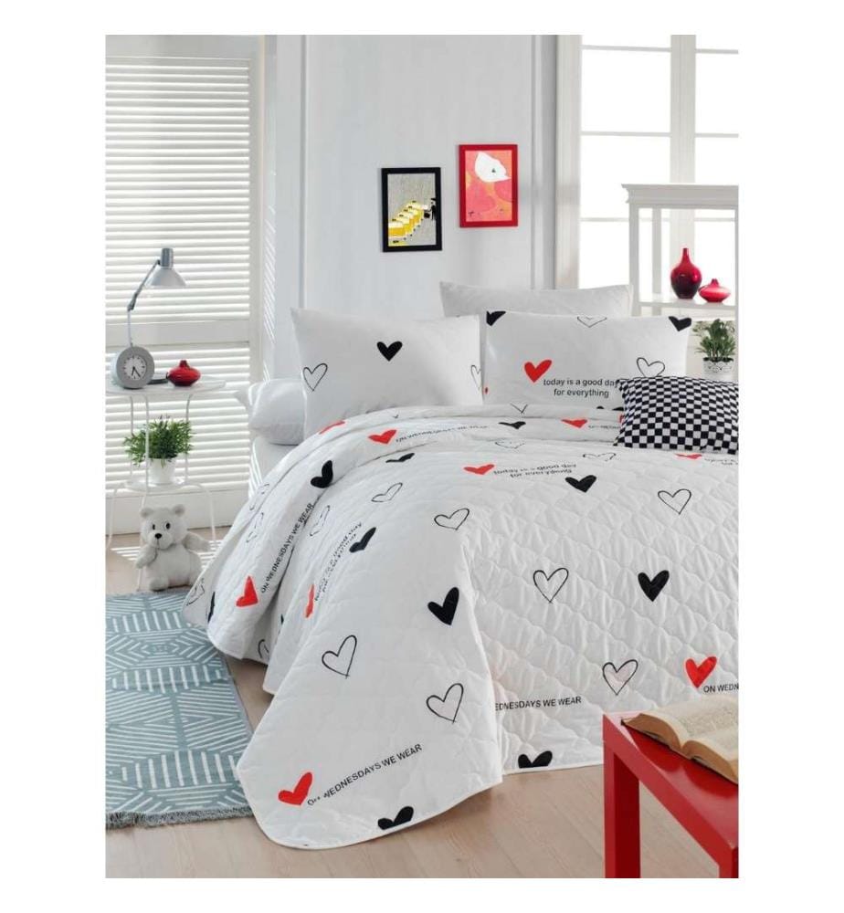 Ensemble de couvre-lits matelassés King, blanc rouge noir, coton Ranforce