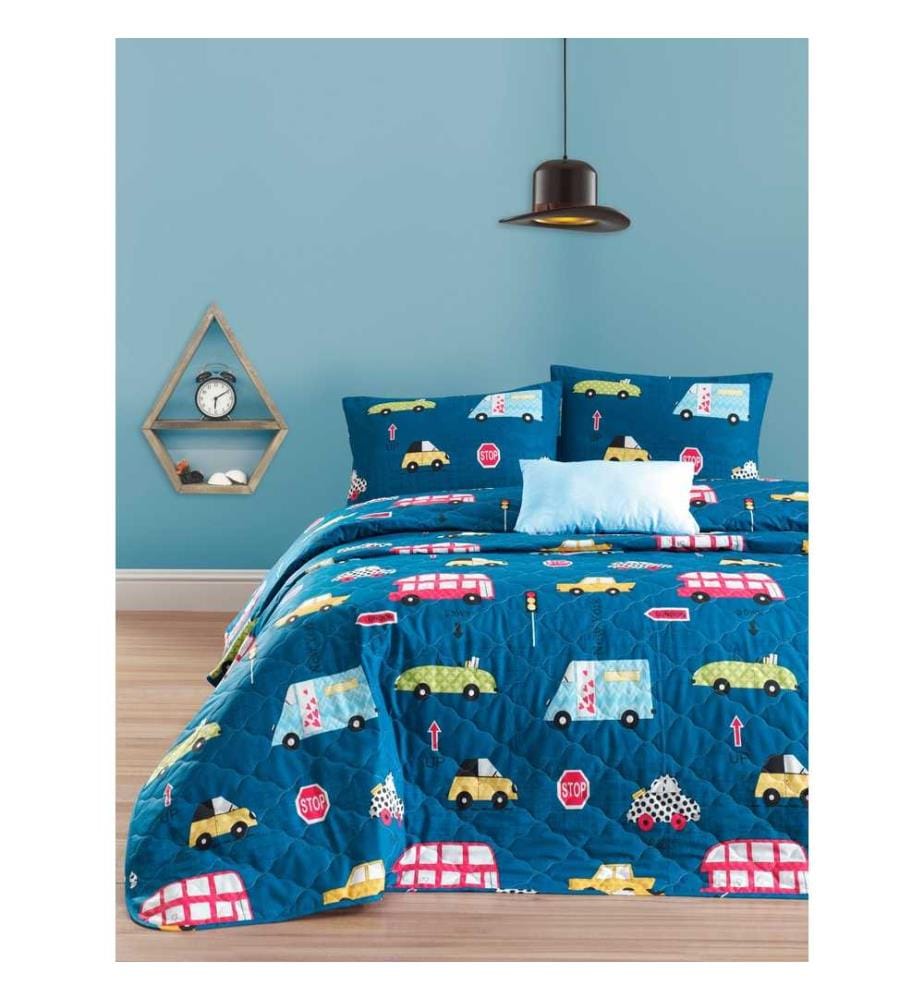 Ensemble de couvre-lits matelassés King, bleu jaune noir blanc, coton Ranforce