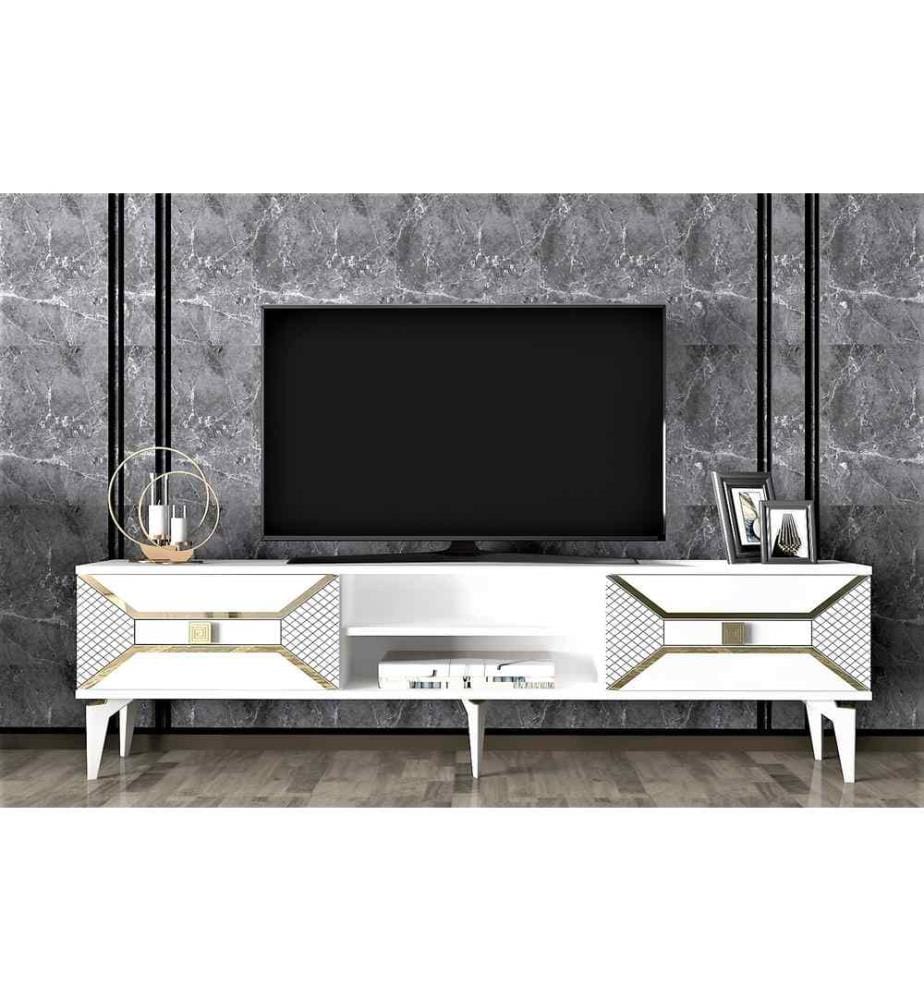 Meuble TV, blanc, or, panneau de particules mélaminé
