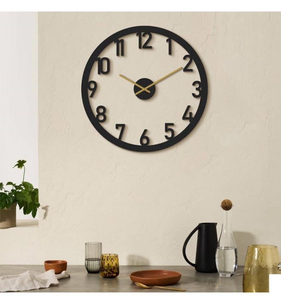 Horloge murale décorative en métal, noir, or, acier