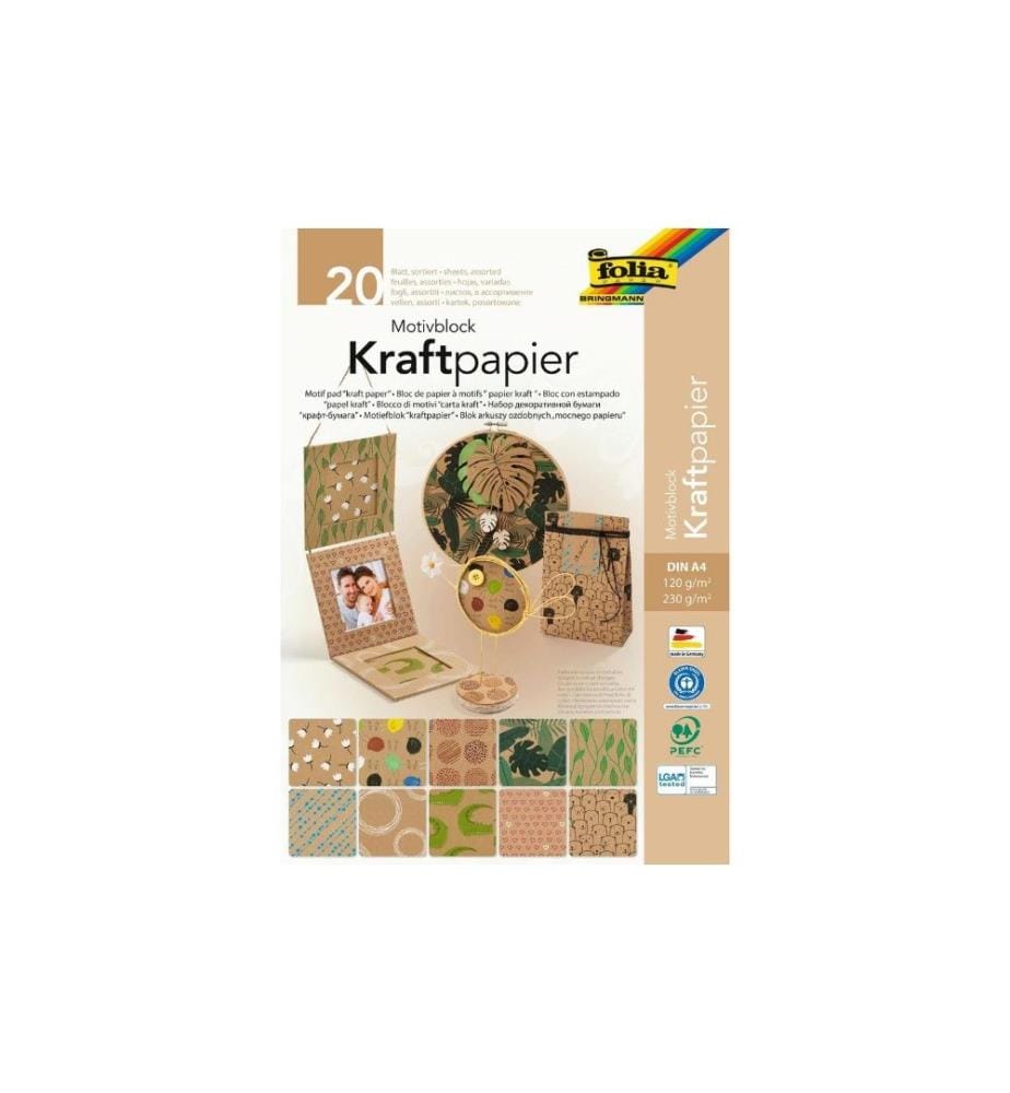 FOLIA - Bloc de papier kraft à motifs, A4, 20 feuilles Marron