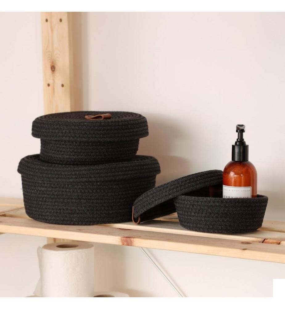 Panier en coton, 3 pièces, noir, 100% coton, corde de jute, fait à la main
