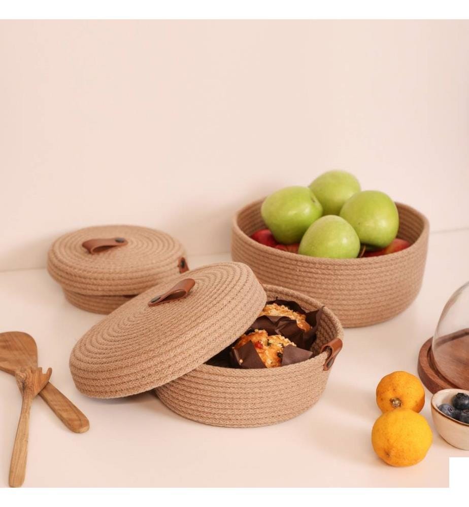 Panier en coton, 3 pièces, beige, 100% coton corde de jute, fait à la main