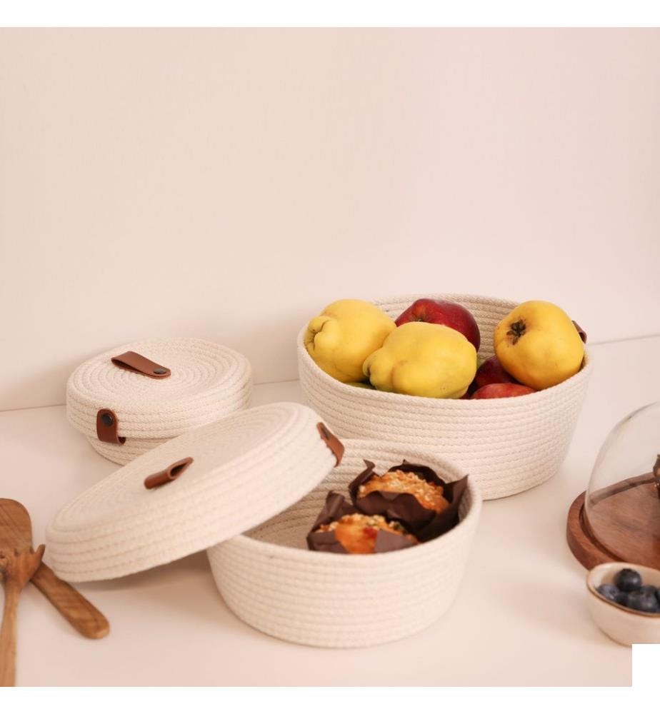 Panier en coton, 3 pièces, écru, 100% coton, corde de jute, fait main