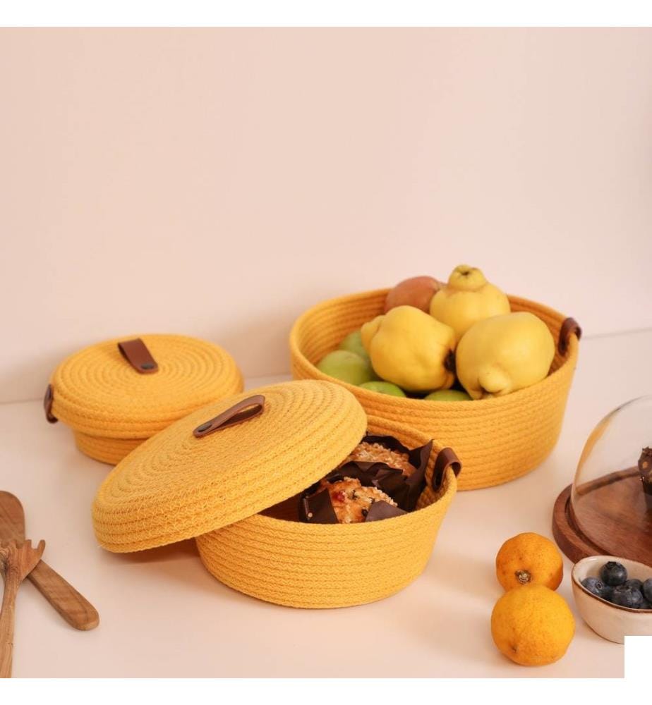 Panier en coton, 3 pièces, jaune, 100% coton corde de jute, fait à la main