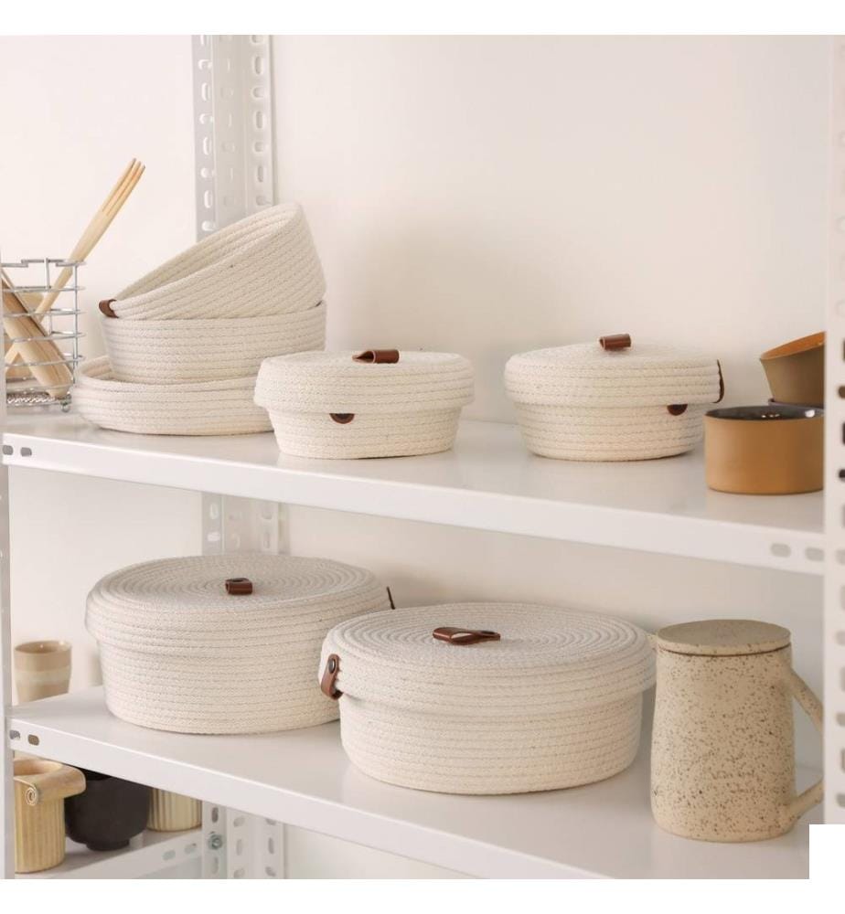 Panier en coton, 6 pièces, écru, 100% coton, corde de jute, fait à la main