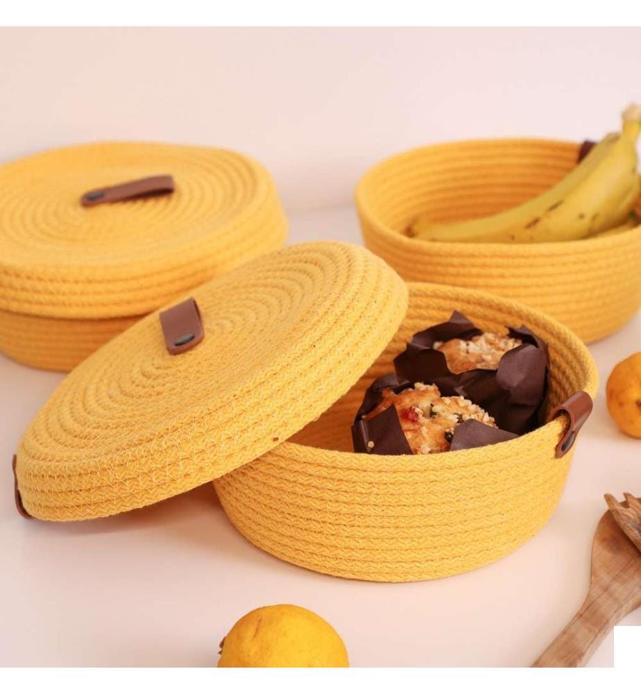 Panier en coton, 3 pièces, jaune, 100% coton corde de jute, fait à la main