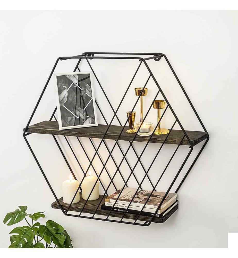 Etagère murale, noyer noir, bois d'épicéa, cadre en métal