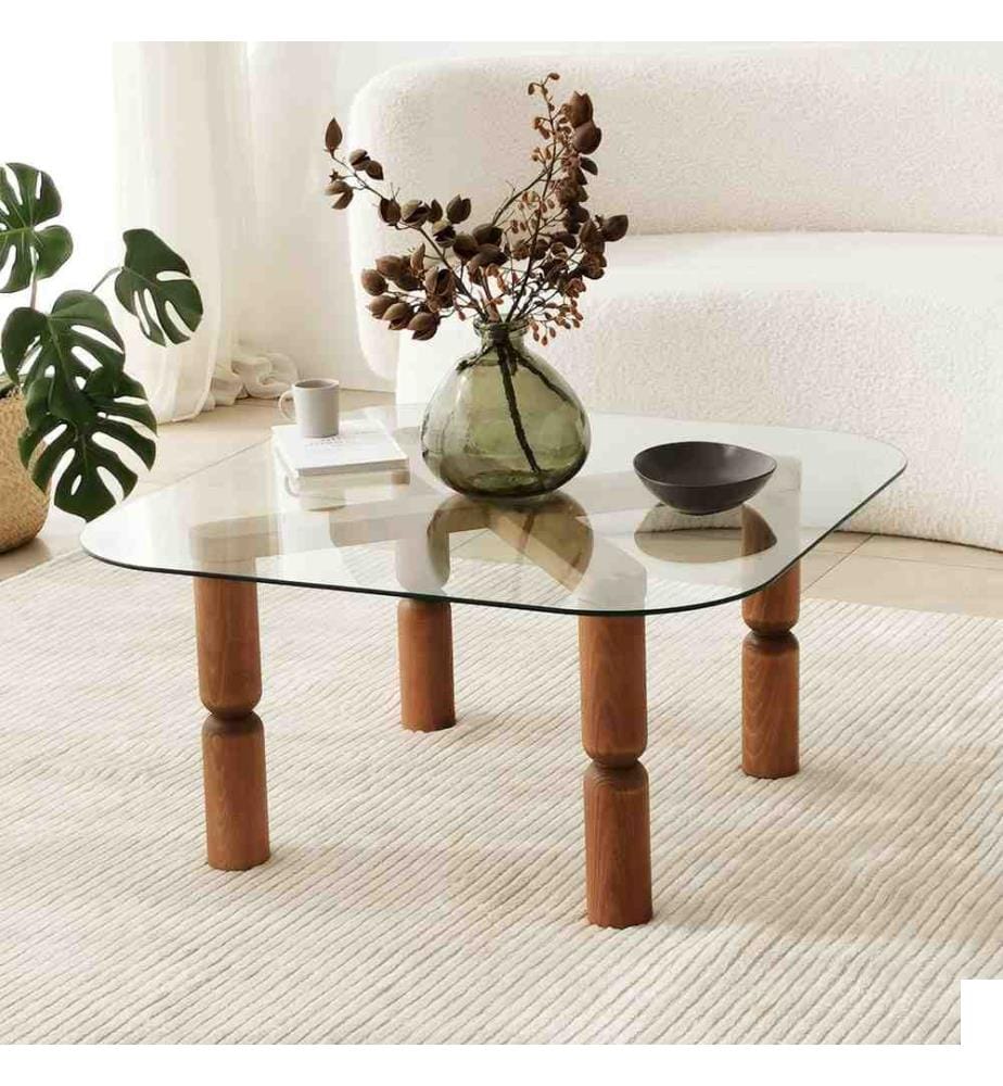 Table basse, noyer, verre trempé, cadre : Bois massif