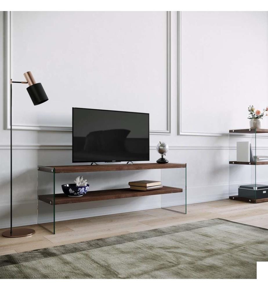 Meuble TV, noyer, pin massif, cadre : Verre trempé