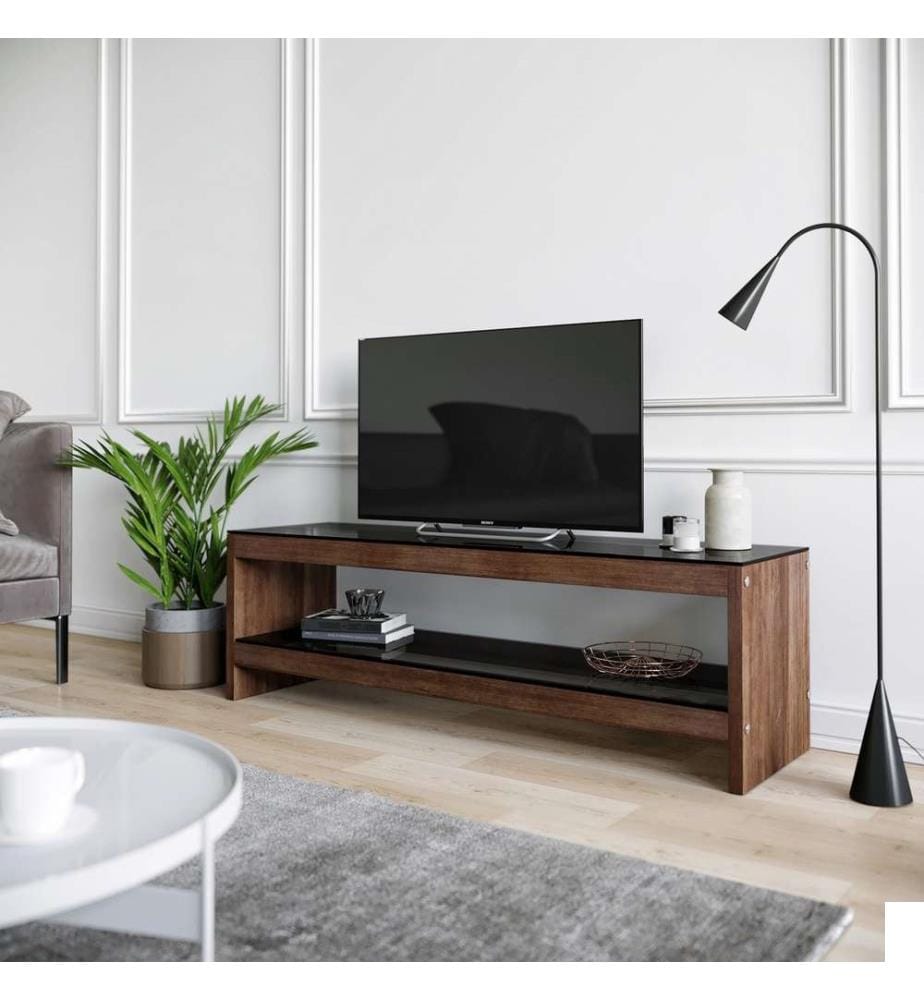 Meuble TV, noyer, pin massif, cadre : Verre trempé