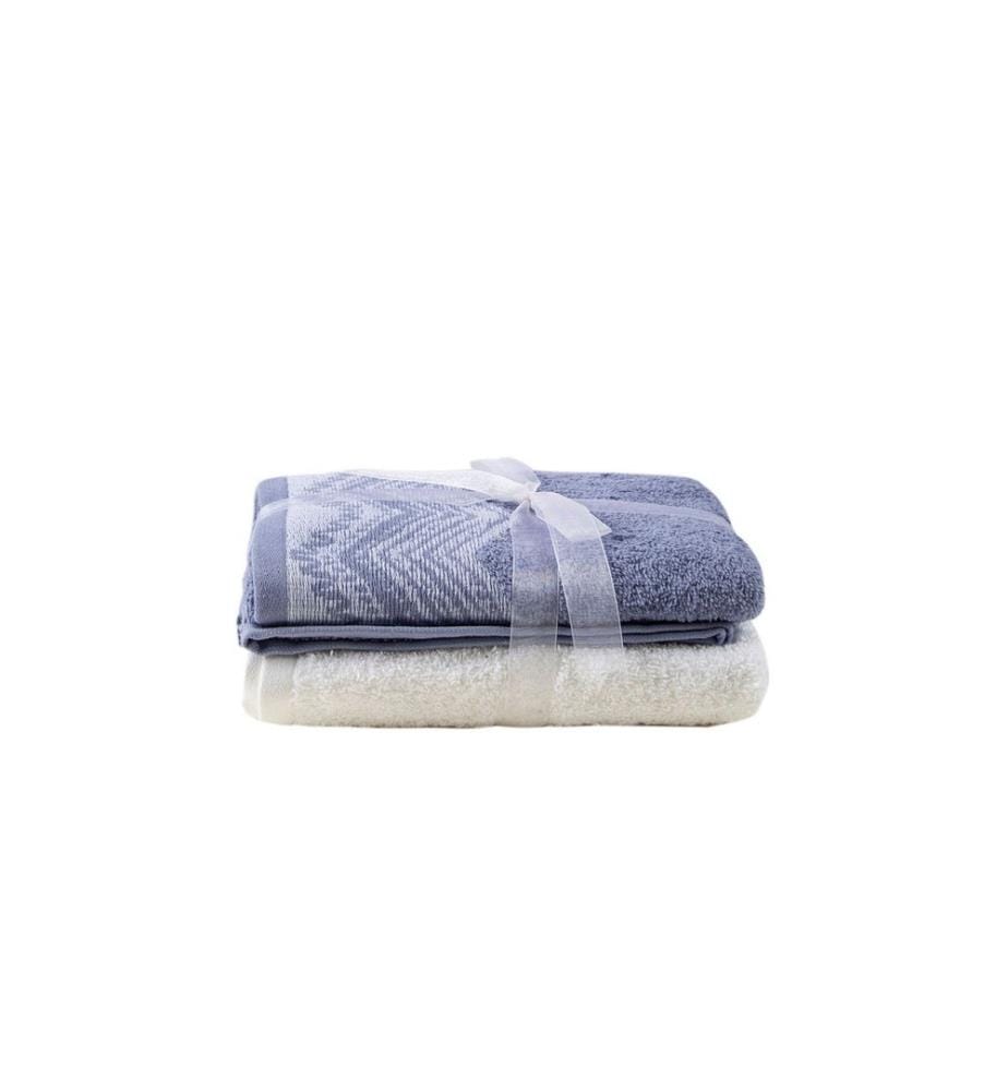 Set de serviettes, 2 pièces, bleu, blanc, 100% coton