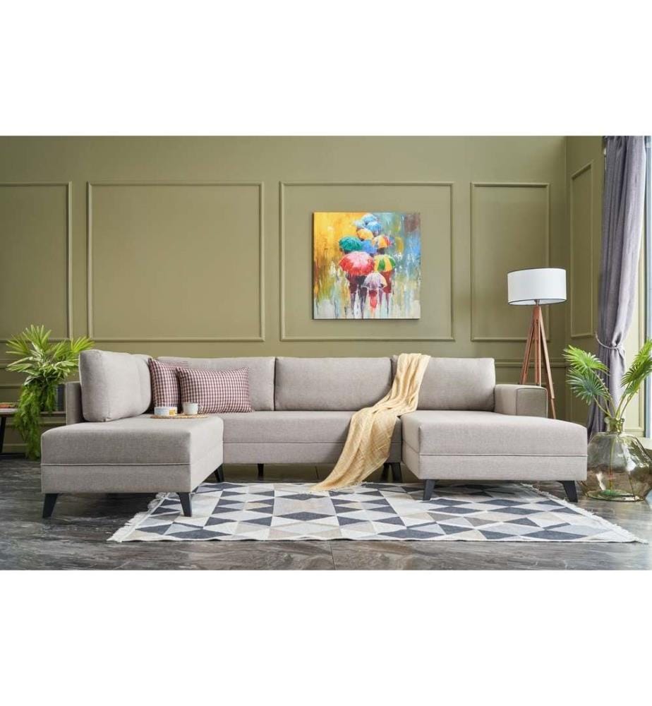 Canapé-lit d'angle, crème, cadre en bois de sapin, tissu 50 % polyester - 50 % lin