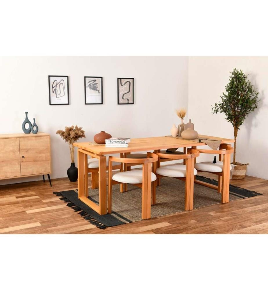 Table & Chairs Set , 7 Pieces, Oak, Cream, Beech Wood, Linen Fabric