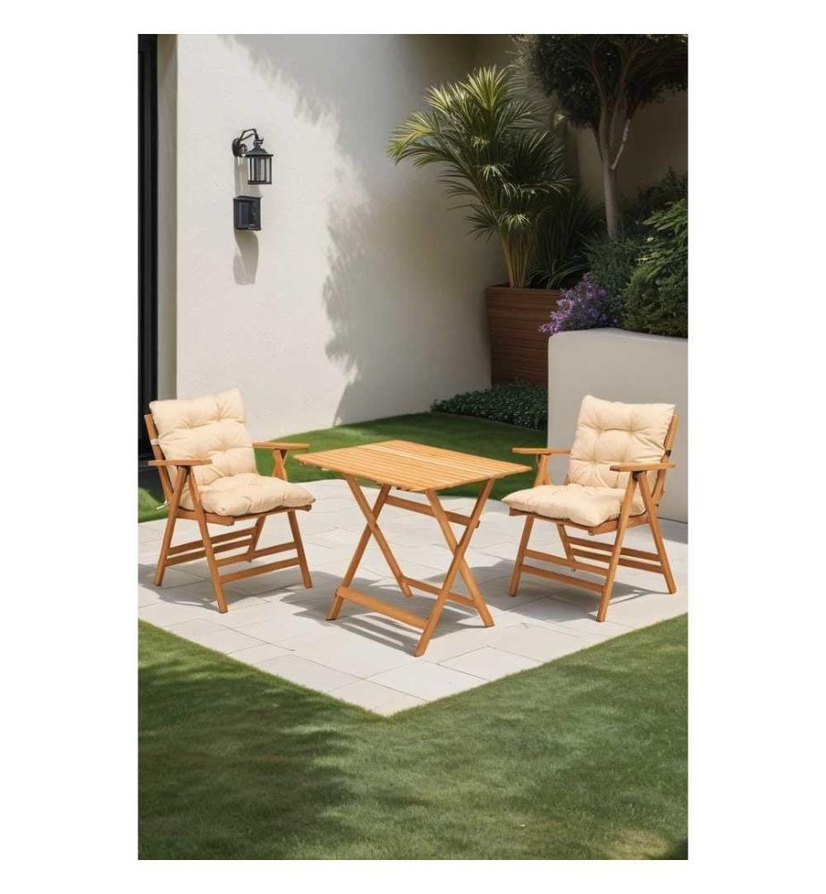 Garden Table & Chairs Set , 3 Pieces, Natural, Cream, Beech Wood