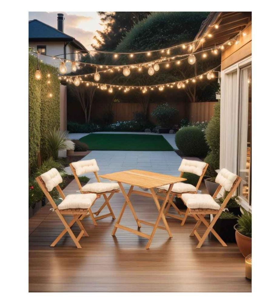 Garden Table & Chairs Set , 5 Pieces, Natural, Cream, Beech Wood