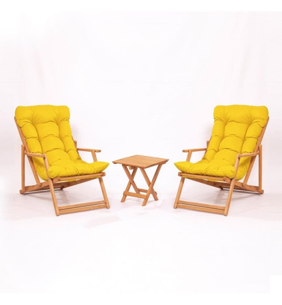 Garden Table & Chairs Set , 3 Pieces, Yellow, Natural, Beech Wood