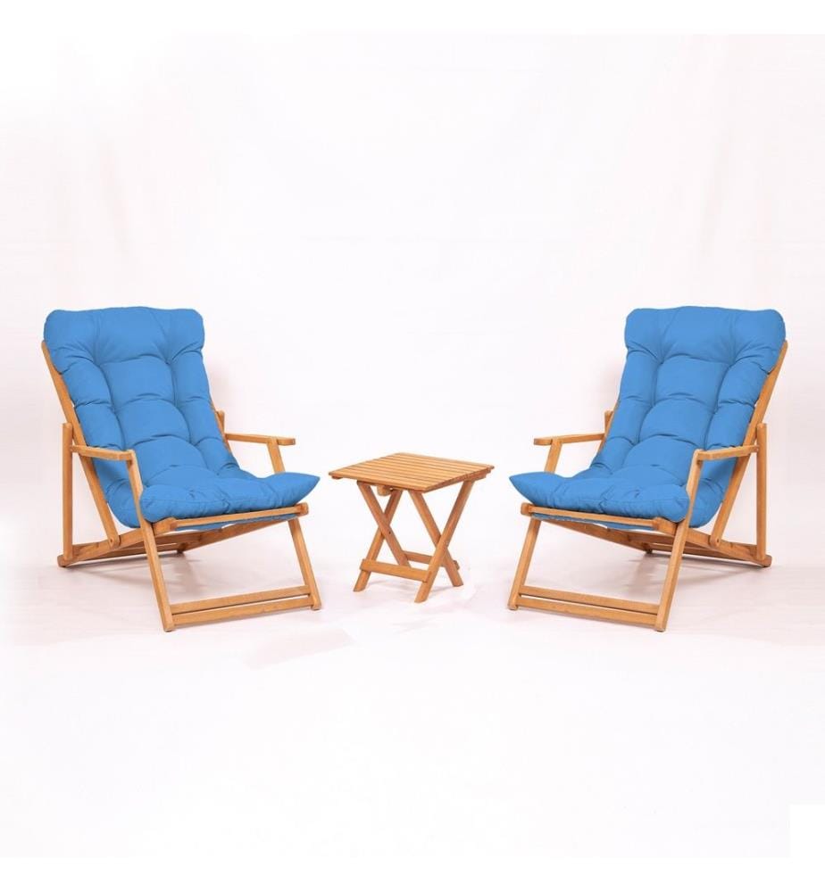 Garden Table & Chairs Set , 3 Pieces, Blue, Natural, Beech Wood