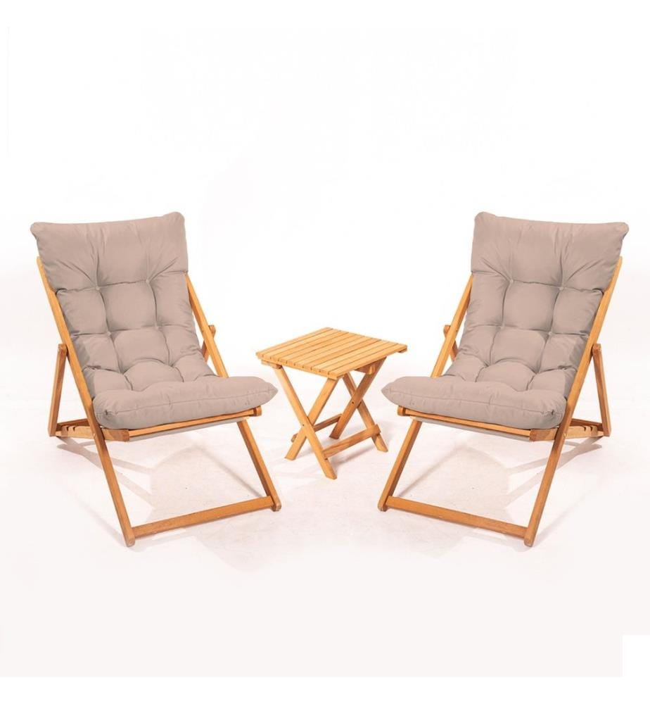 Garden Table & Chairs Set , 3 Pieces, Brown, Natural, Beech Wood