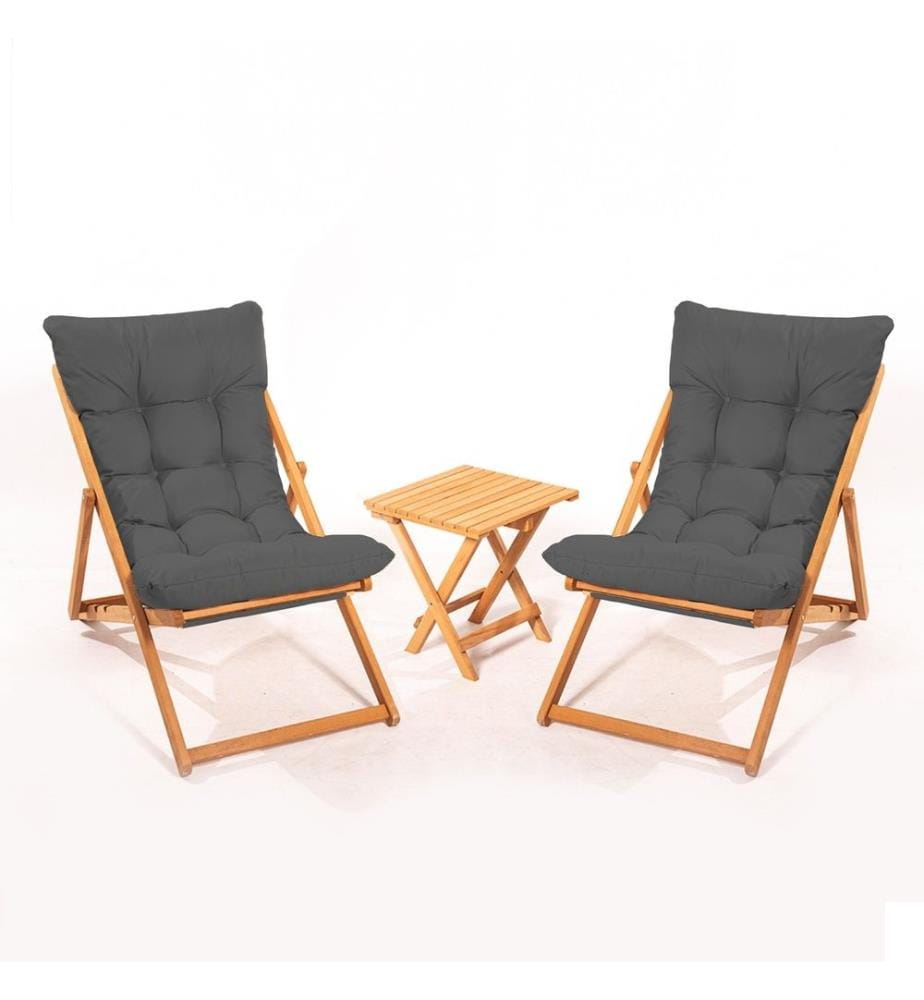 Garden Table & Chairs Set , 3 Pieces, Grey, Natural, Beech Wood