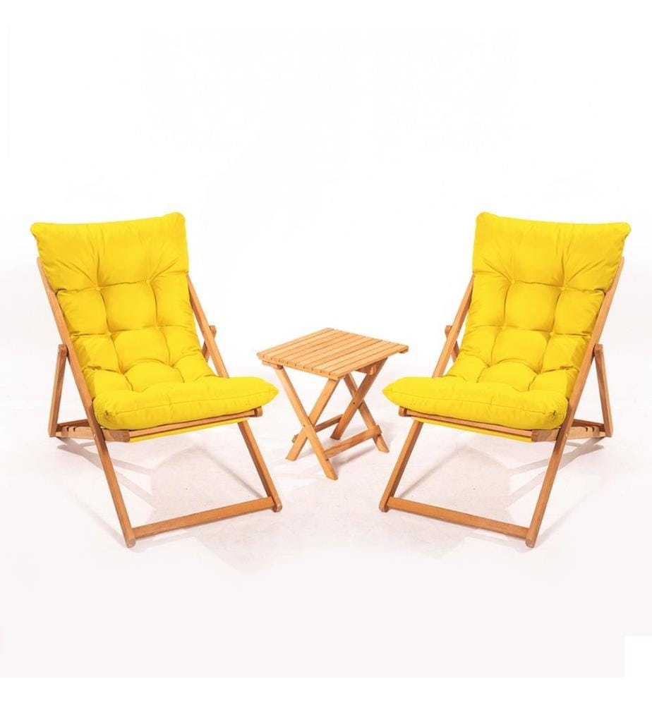 Garden Table & Chairs Set , 3 Pieces, Yellow, Natural, Beech Wood