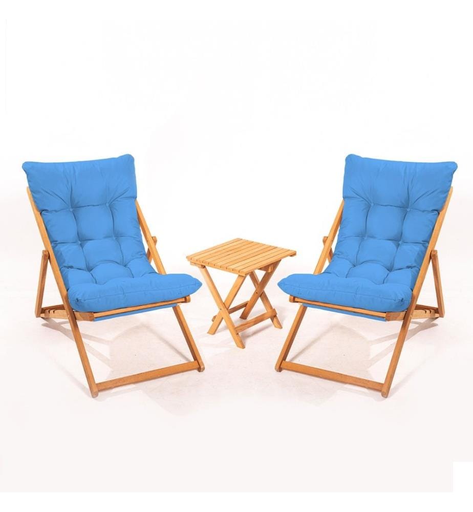 Garden Table & Chairs Set , 3 Pieces, Blue, Natural, Beech Wood