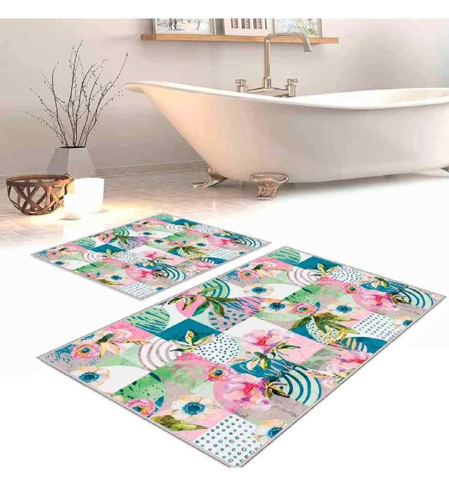 Set de tapis de bain, 2 pièces, blanc, menthe, vert, rose, bleu, 100% polyester, 60 x 100 cm (1 pièce), 50 x 60 cm (1 pièce)