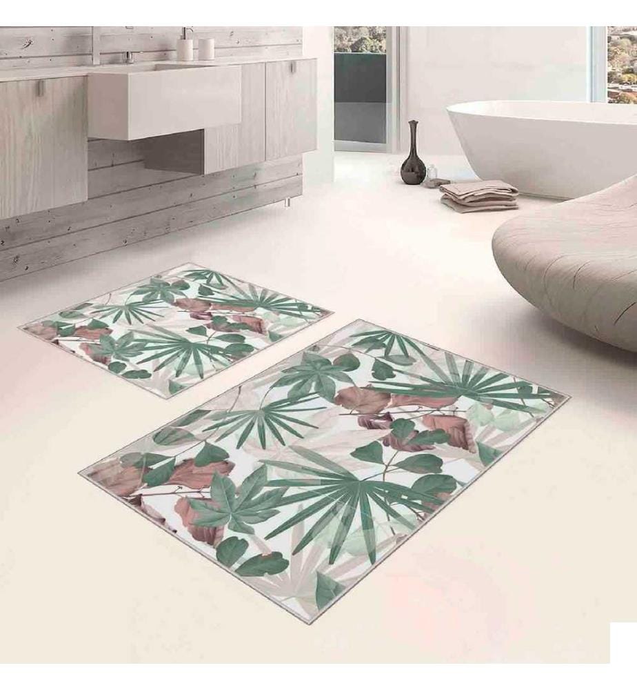 Set de tapis de bain, 2 pièces, crème, menthe, vert, rose, 100% polyester, 60 x 100 cm (1 pièce), 50 x 60 cm (1 pièce)