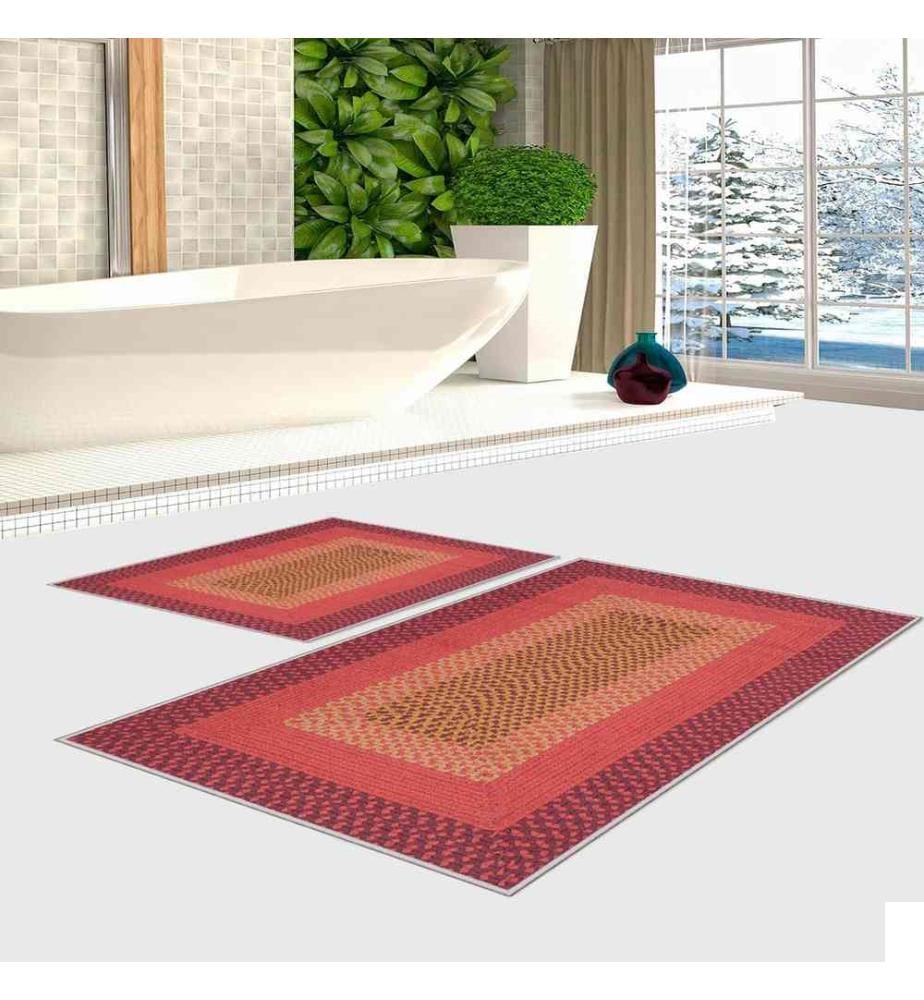 Set de tapis de bain, 2 pièces, Camel, Claret Red, Red, 100% Polyester, 50 x 80 cm (1 pièce), 60 x 100 cm (1 pièce)