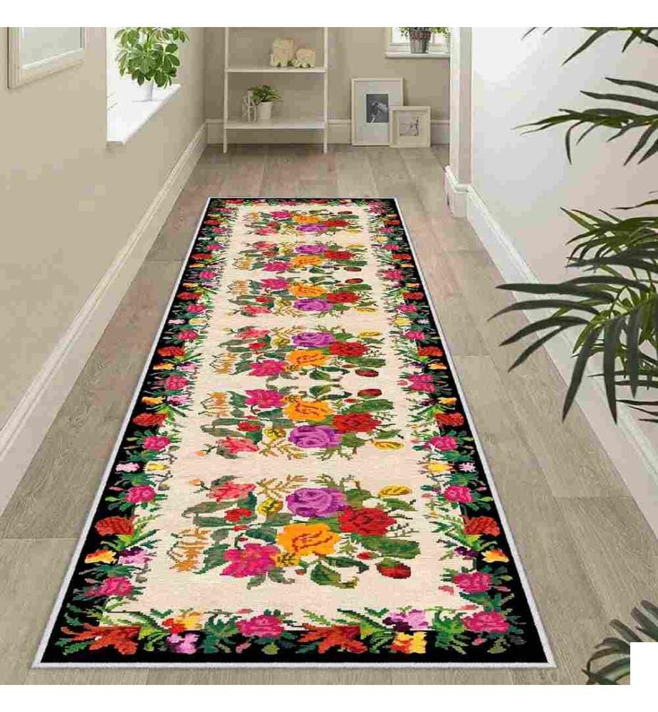 Tapis, crème, rose, jaune, vert, noir, 100% polyester, 100 x 200 cm