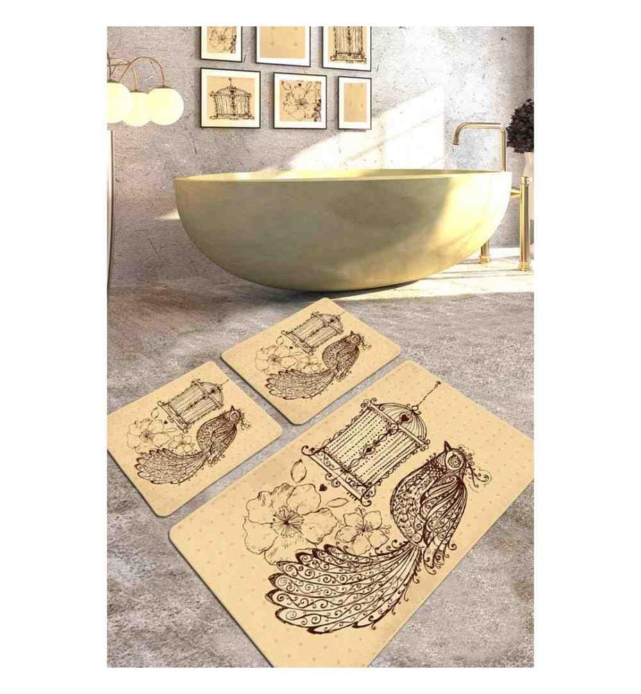 Set de tapis de bain, 3 pièces, Camel, Brown, 100% Polyester