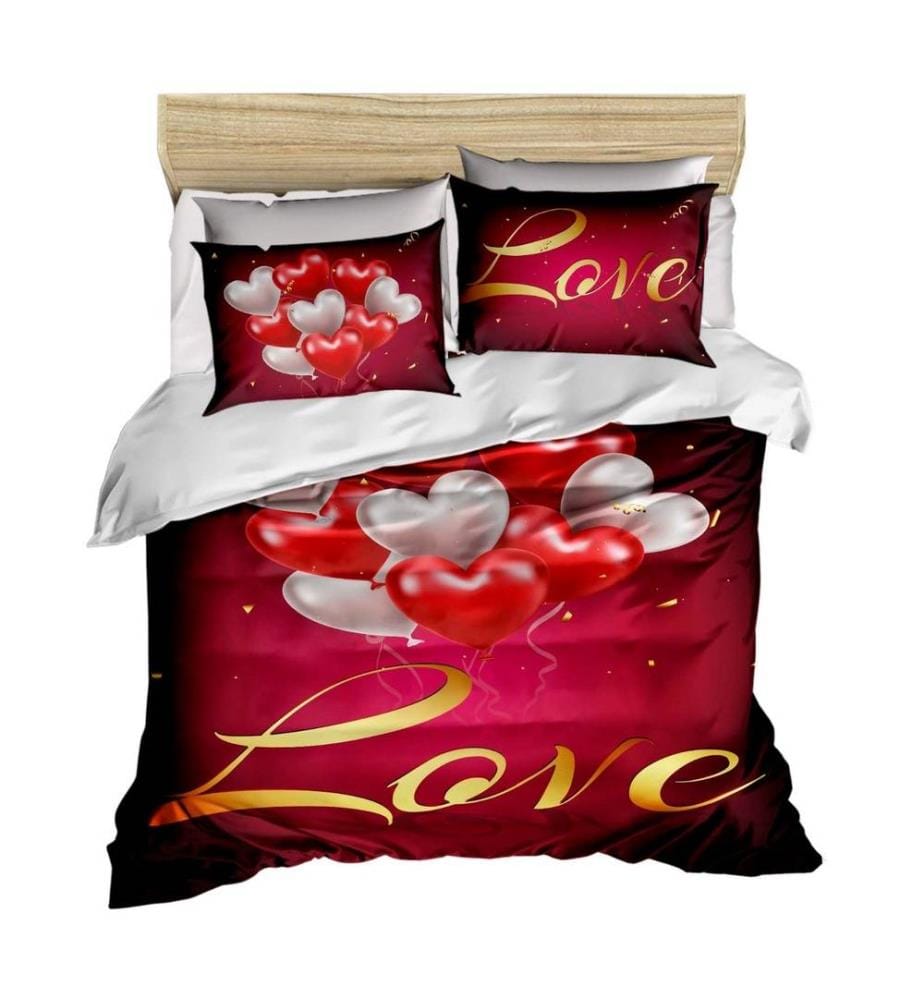 King Quilt Cover Set, Red White Gold, Polyester Microsatin Upper Side Of Duvet Cover & Pillowcase, Cotton Underder Of Duvet Cover & Pillowcase
