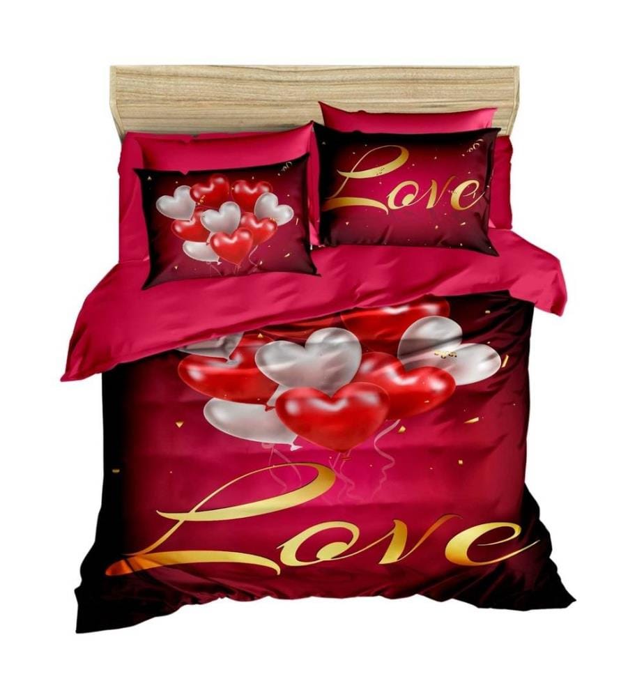 King Quilt Cover Set, Red Pink Gold, Polyester Microsatin Upper Side Of Duvet Cover & Pillowcase, Cotton Underder Of Duvet Cover & Pillowcase