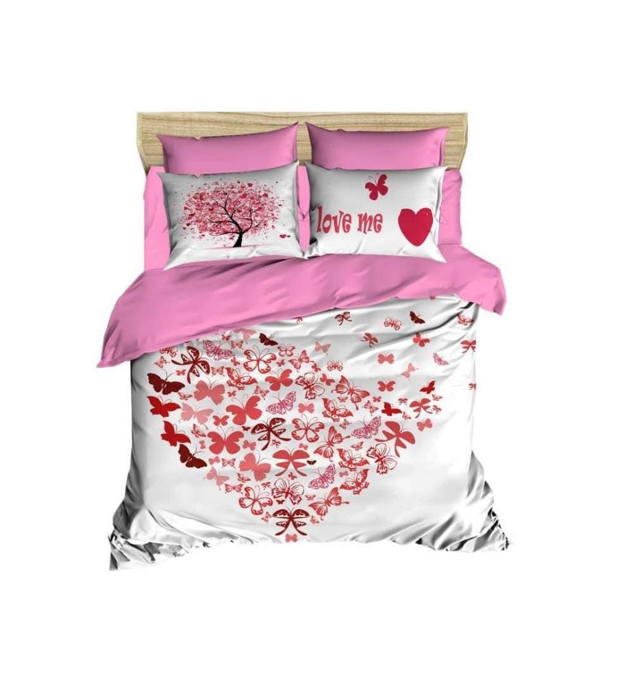 King Quilt Cover Set, White Pink Red, Polyester Microsatin Upper Side Of Duvet Cover & Pillowcase, Cotton Underder Of Duvet Cover & Pillowcase