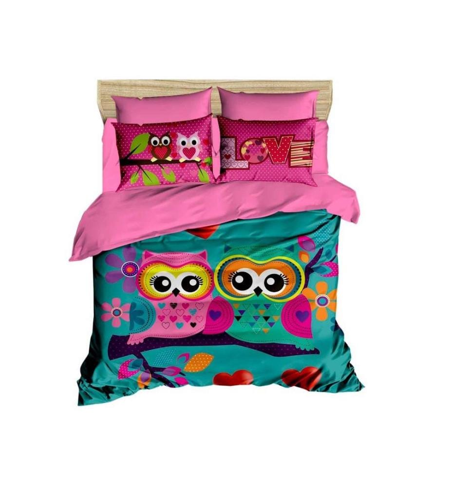 King Quilt Cover Set, Pink Turquoise Purple Yellow, Polyester Microsatin Upper Side Of Duvet Cover & Pillowcase, Cotton Underside Of Duvet Cover & Pillowcase