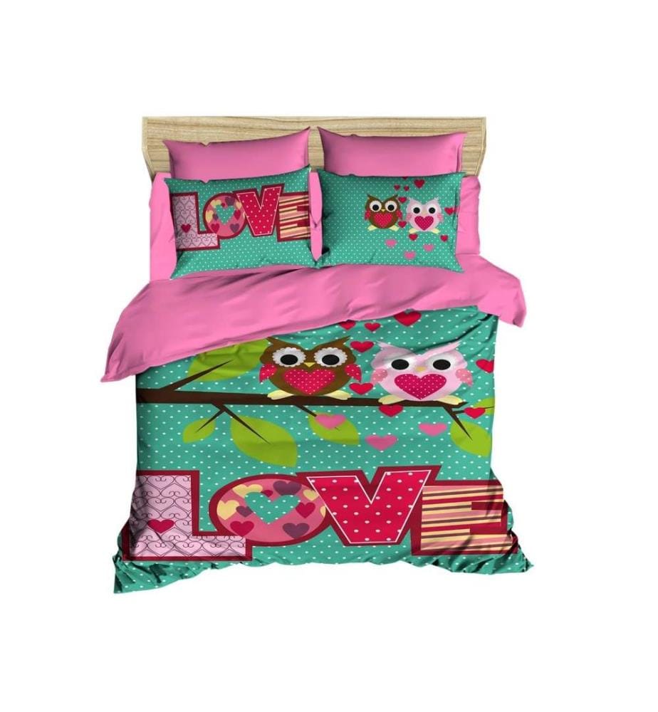 King Quilt Cover Set, Pink Turquoise Green, Polyester Microsatin Upper Side Of Duvet Cover & Pillowcase, Cotton Underside Of Duvet Cover & Pillowcase
