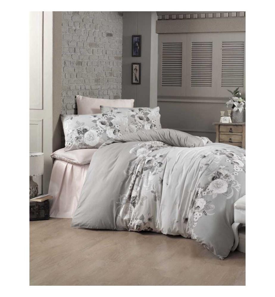 Housse de couette Satin King, Blanc, Gris, Poudre, 100% coton Satin