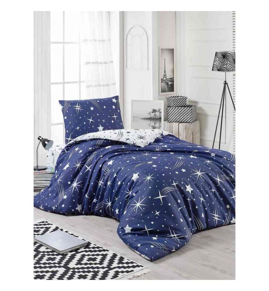 Housse de couette simple, blanc, bleu foncé, 65% coton - 35% polyester