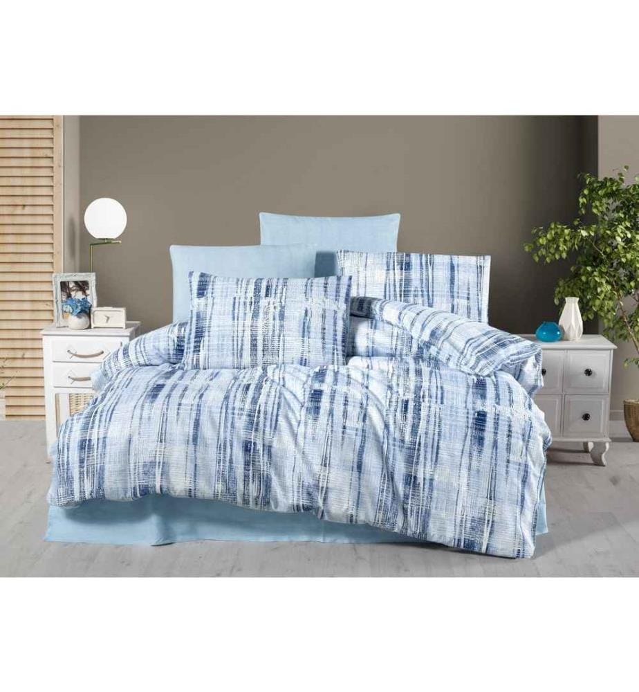 Housse de couette simple, bleu, blanc, 50% coton - 50% polyester