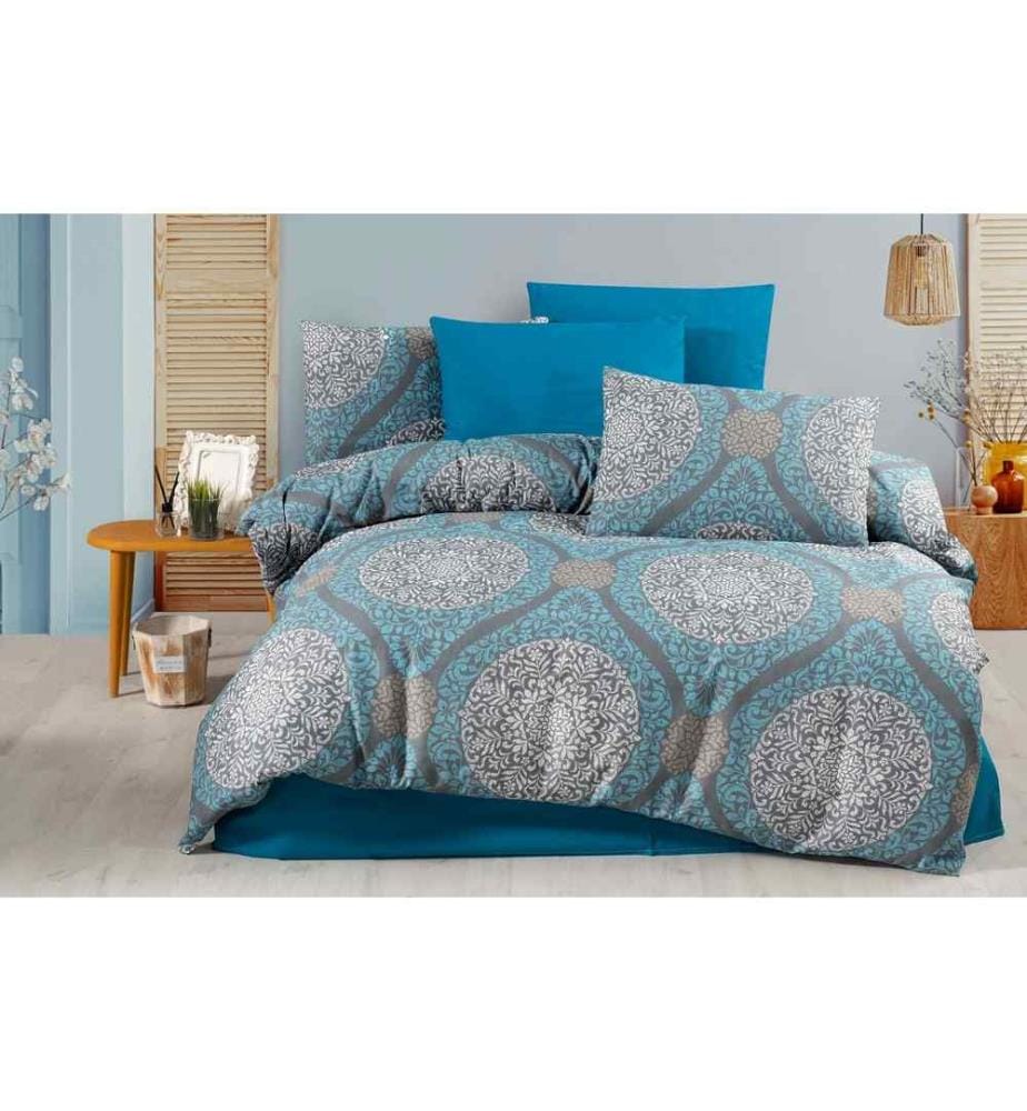 Housse de couette King, Bleu, Gris, Crème, 50% Coton - 50% Polyester