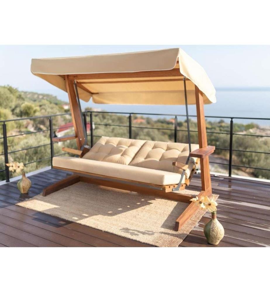 Garden Triple Swing Chair, Natural Beige, Iroko Tree Frame, Etisilk Fabric