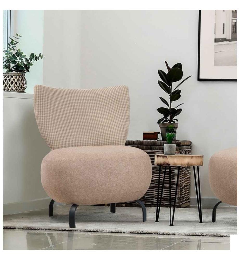 Chaise à oreilles, crème, cadre en bois de charme, tissu chenille