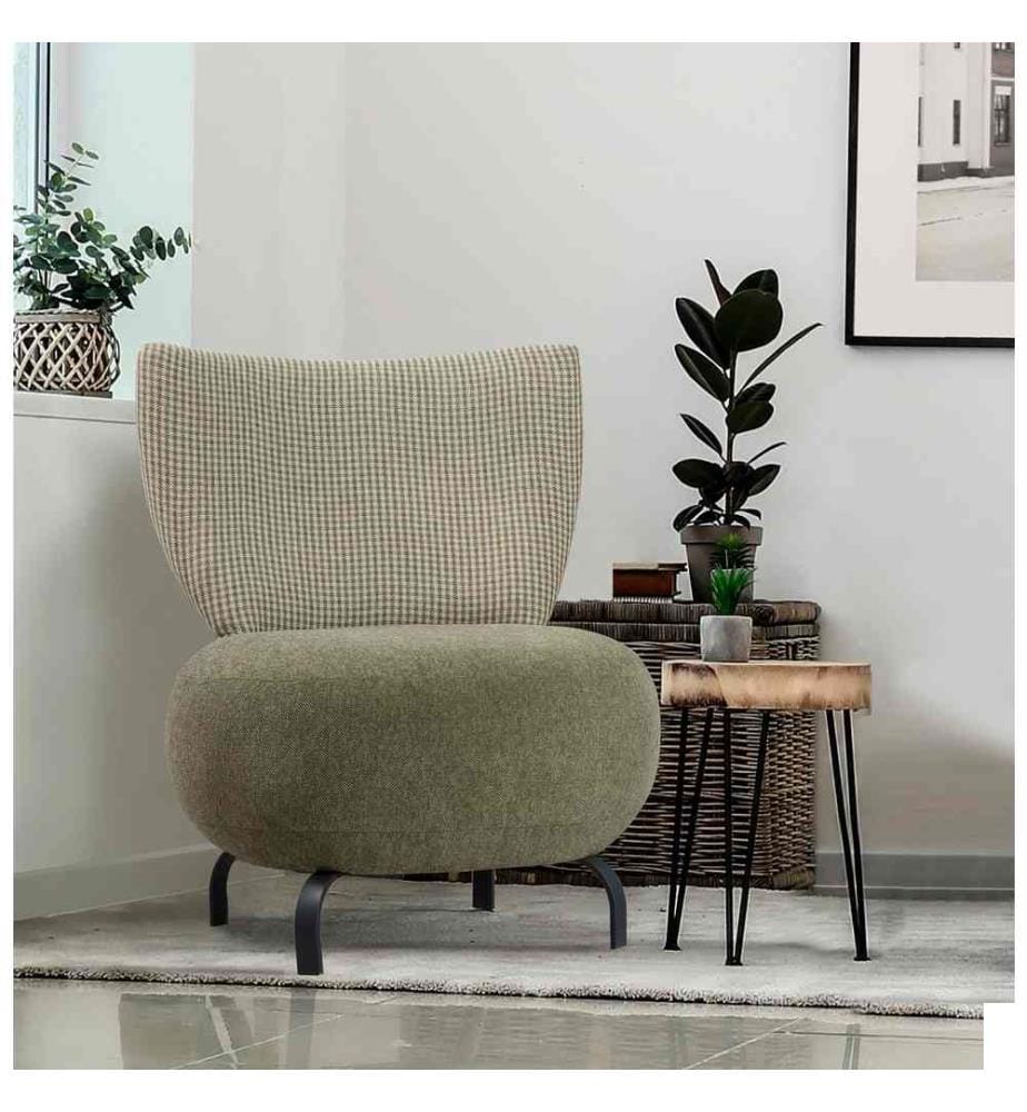 Chaise à oreilles, verte, cadre en bois de charme, tissu chenille