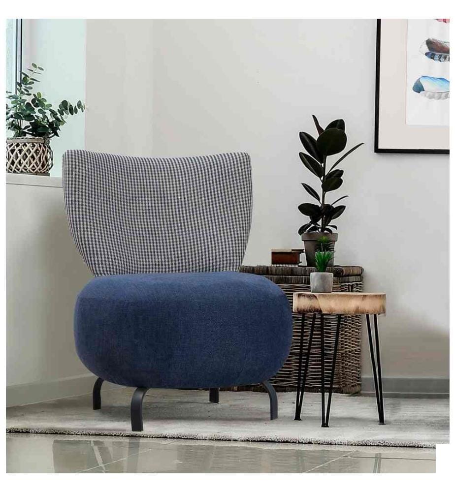 Chaise à oreilles, bleu foncé, cadre en bois de charme, tissu chenille