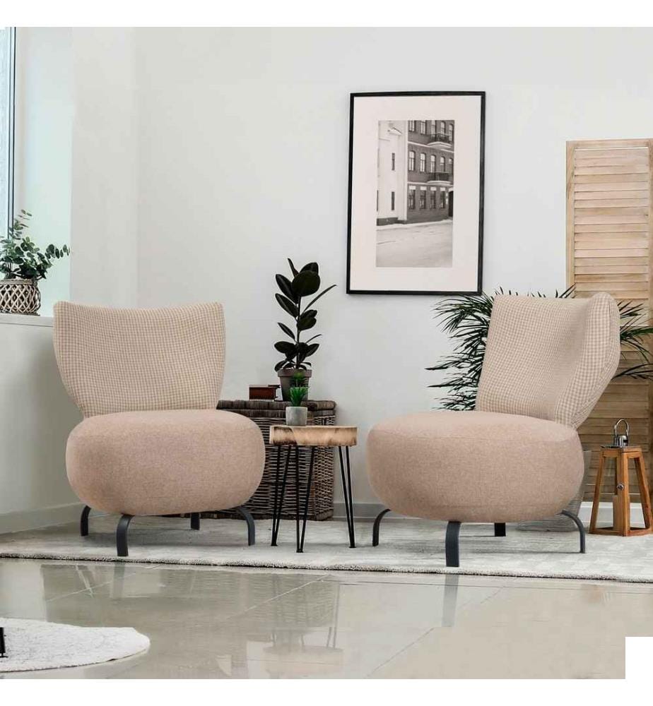 Ensemble de chaises à oreilles, crème, cadre en bois de charme, tissu chenille