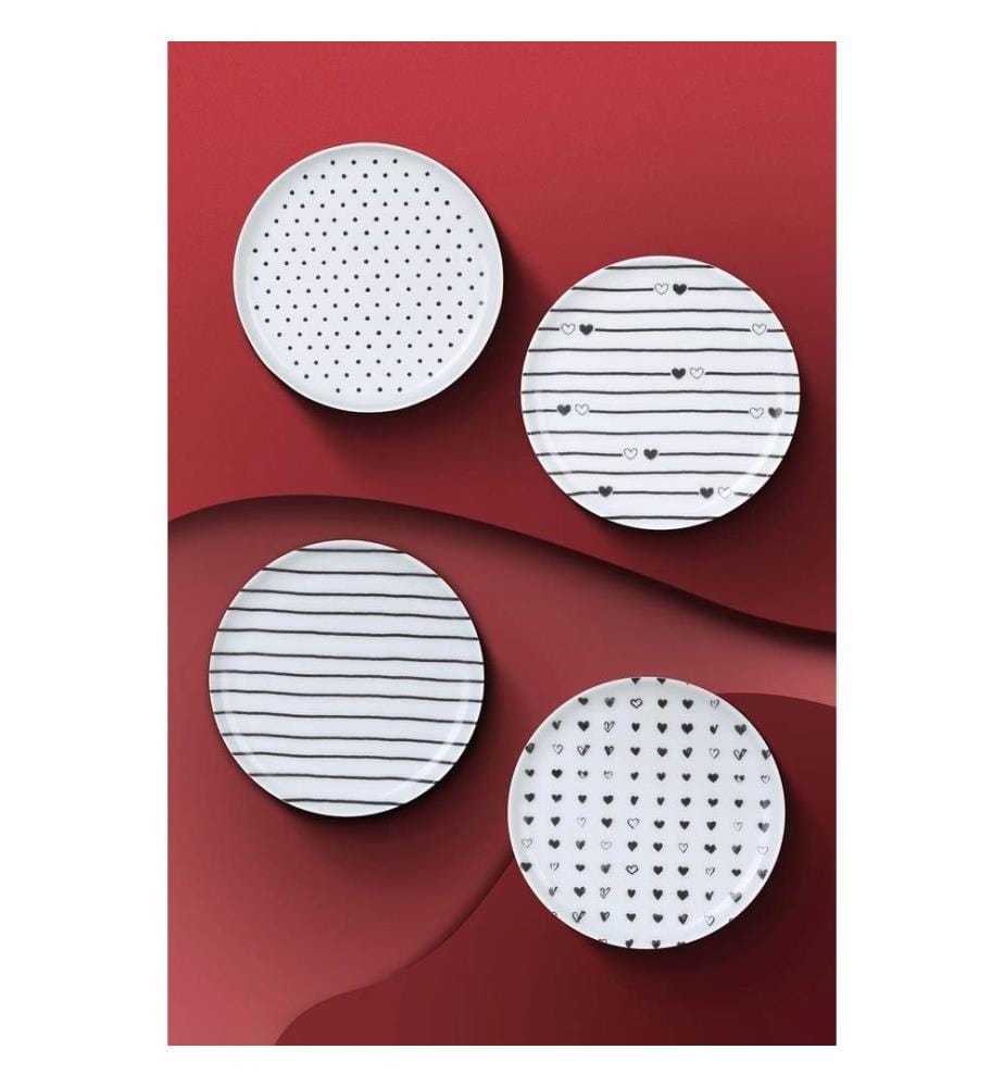 Service à gâteaux, 4 pièces, blanc, noir, 100% porcelaine