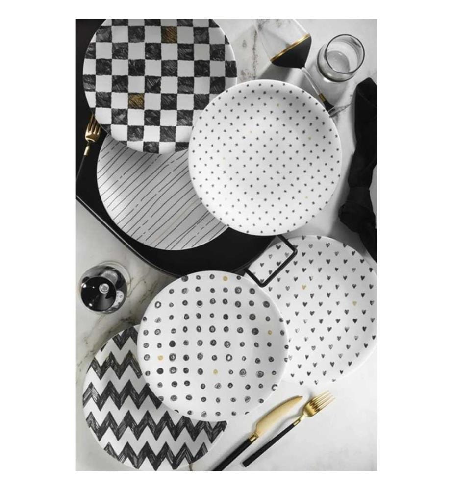 Service à gâteaux, 6 pièces, noir, blanc, 100% porcelaine