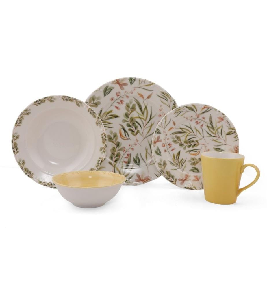 Service de table, 30 pièces, blanc, jaune, vert, 100% porcelaine