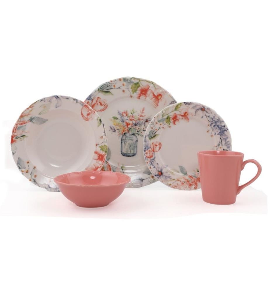 Service de table, 30 pièces, rose, blanc, vert, violet, 100% porcelaine